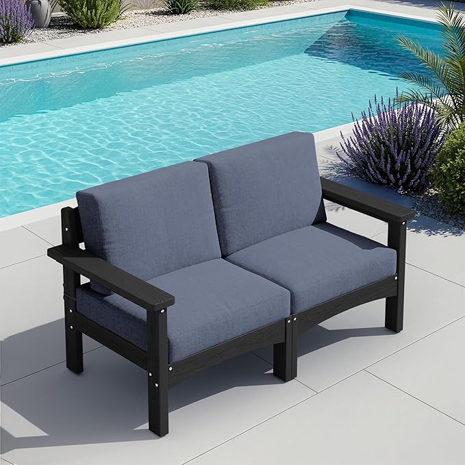SERWALL HDPE Patio Loveseat Sofa, 2 Pieces Single Sofa, Weather-Resistant Outdoor Furniture Chair with Thick Removable Cushion, Balcony, Garden, Backyard, Poolside, Black Frame with Grey Cushion