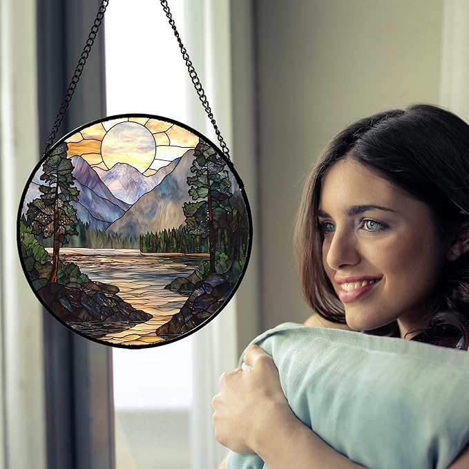 AMDERVEN Stained Glass Window Hanging, Sunset Mountains Lake Tree Sun Catcher for Window Home Decor Landscape Suncatcher Mother's Day Birthday Gifts for Women Men Mom and Nana 6.3 in