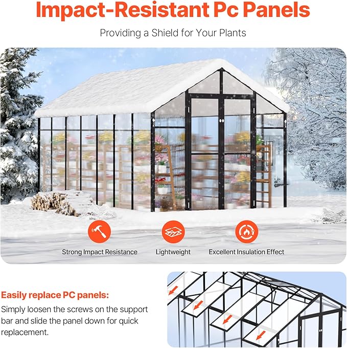VEVOR Polycarbonate Greenhouse, 8 x 14 Ft, Outdoor Greenhouse with 2 Vent Windows, Pavilion Styled with Hinged Door, Aluminum Large Walk-in Greenhouse Kit for Outside Garden Backyard