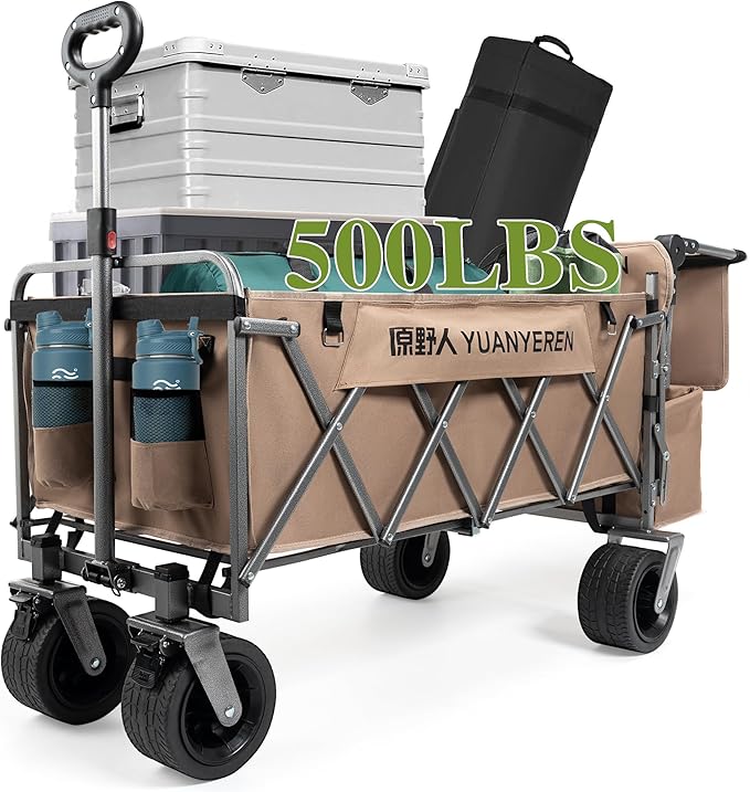 Large Capacity Collapsible Wagon with Opened Tailgate, 500lbs Pulled and Pushed Heavy Duty Folding Wagon Carts, 59" Extra Long Extender Wagons, All-Terrain Big Wheels for Shopping, Sports, Camping