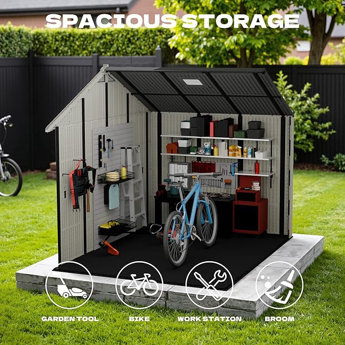 Devoko 10 x 8 FT Resin Outdoor Storage Shed, Extra Large Plastic Shed with Skylight, Floor and Lockable Door, Storage Bike, Tools, Lawn Mower for Garden, Backyard, Patio, Beige