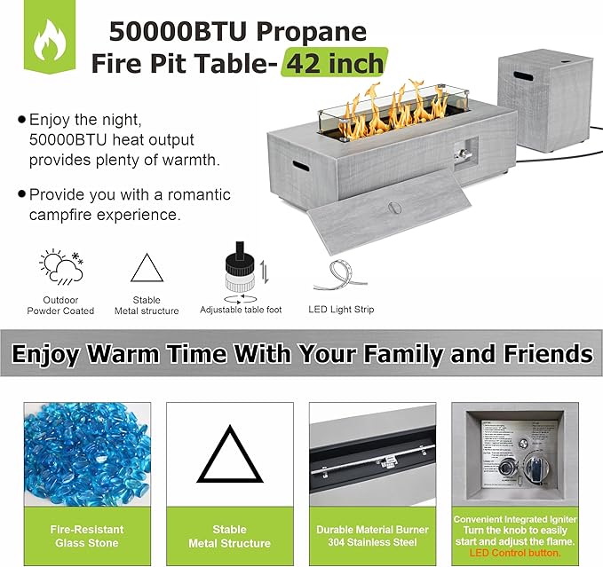 Dineli 2-Piece Outdoor Propane Fire Pit Table Set w Tank Table 42'' Rectangular Firepit Gas Fire Pits for Outside Patio Table Fire Pit w LED, 50,000 BTU (Light Gray, with Warmlight)