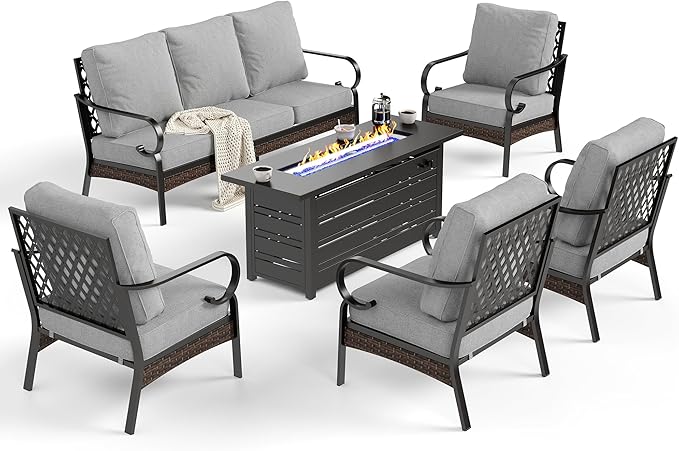 SUNSHINE VALLEY 6 Piece Black Metal Outdoor Patio Furniture Sets with Firepit Table, Patio Conversation Sets 1 3-Seater Sofa, 4 Single Sofa with 5.75" Cushion Backyard Furniture for Deck, Light Gray