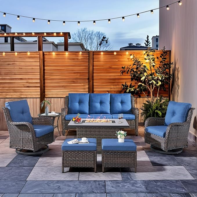 HUMMUH 7 Pieces Patio Furniture Set with Fire Pit Table Outdoor Conversation Set PE Wicker Patio Couch Swivel Glider Chairs Ottomans for Balcony Garden,Lawn,Deck