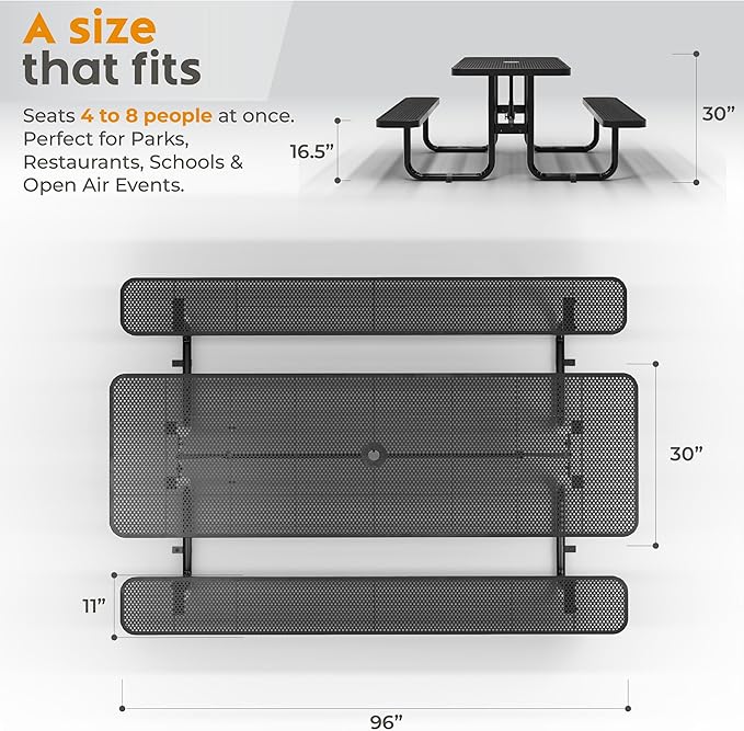 Commercial Heavy-Duty Metal Picnic Table - ADA Compliant, Adjustable Seats, Umbrella Hole (Black, 8' Rectangular, Punched Steel)