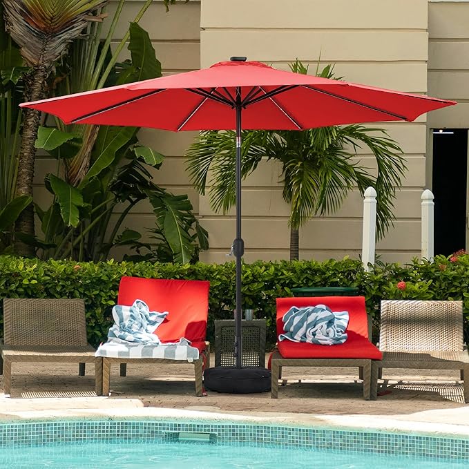 Sundale Outdoor Olefin 5-Year-Non-Fading Solar 80 LED 9 FT Solar Patio Umbrella with Sand Bag Base, Outdoor Umbrella with Tilt and Crank, Red