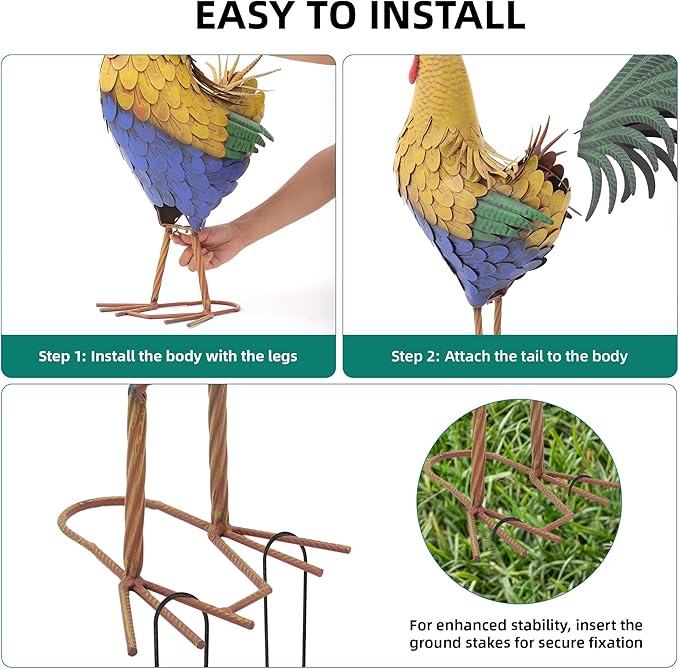Ultym 32" Metal Rooster Decor, Large Outdoor Garden Statues, Metal Chicken Sculpture for Backyard Patio Kitchen Decor