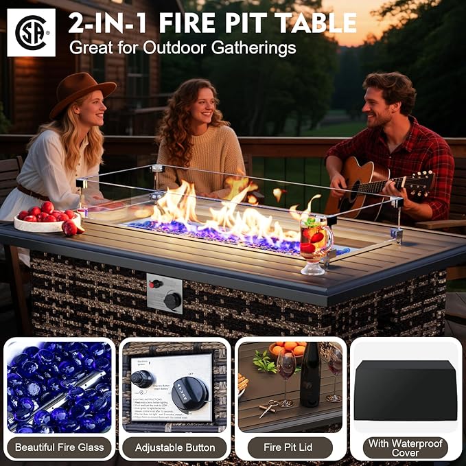MEISSALIVVE 7 Pieces Patio Furniture Set with 43" Fire Pit Table, Wicker Patio Conversation Set with Swivel Rocking Chairs, Outdoor Patio Set for Lawn Backyard Porch (Brown)