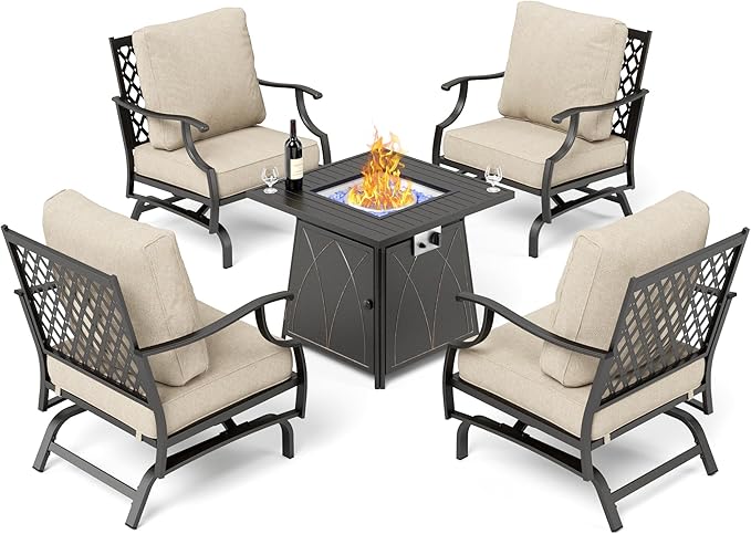 SUNSHINE VALLEY Patio Furniture Set with Firepit Table, 5 Piece Metal Outdoor Patio Furniture Set for 4, 4 Rocking Chairs with 5.75" Extra Thick Cushion and Gas Firepit Table for Backyard Deck Garden