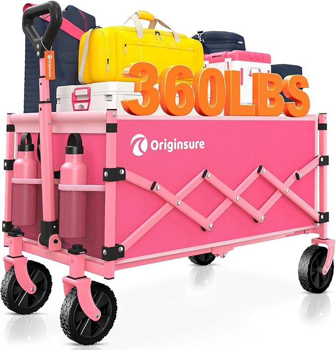 Collapsible Wagon Cart Foldable - Lightweight Portable Heavy Duty Folding Beach Wagons with Wheels - Outdoor Utility Carts for Grocery, Camping, Shopping with Large Capacity - Pink