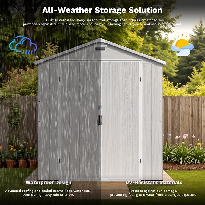 Patiowell 6x10FT Outdoor Storage Shed with Floor, Plastic Resin Garden Shed with Lockable Door, Windows, Weather-Resistant for Lawn Mower, Tool & Backyard Storage (Light Grey)