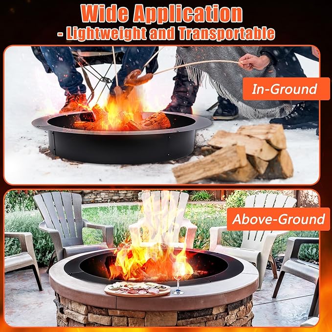 Fire Pit Ring 42-Inch Outer/36-Inch Inner Diameter for Outside Fire Pit, Heavy Duty Steel Insert, DIY Ring Insert Accessories, Easy Setup Above or In-Ground for Backyard, Camping, Black
