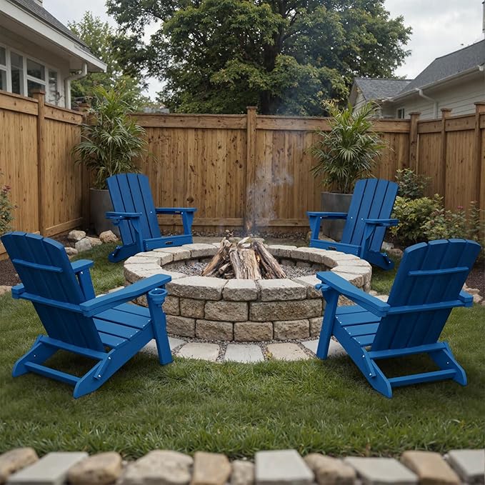 Folding Adirondack Chair, HDPE All-Weather Fire Pit Chairs, Plastic Adirondack Chairs with 2 Cup Holder, Outdoor Lawn Chair for Patio Garden (Royal Blue)