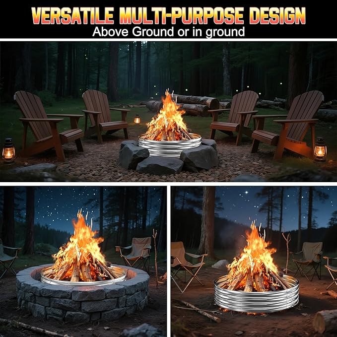 60 Inch Fire Pit Ring 5FT Galvanized Steel, 12" Raised Heavy Duty Wood Burning Fire Pits&Outdoor Fireplace, Heat Resistant Campfire Ring with Spark Guard, for Outdoor Backyard, Patio & Camping Use