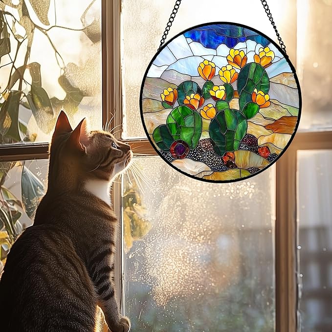 QZQCBLC Stained Glass Window Hanging Green Cactus with Yellow Flowers 9.8" - Suncatcher Door Garden Sun Catcher Home Decor Birthday Christmas for Woman Nana Friend Men Kids