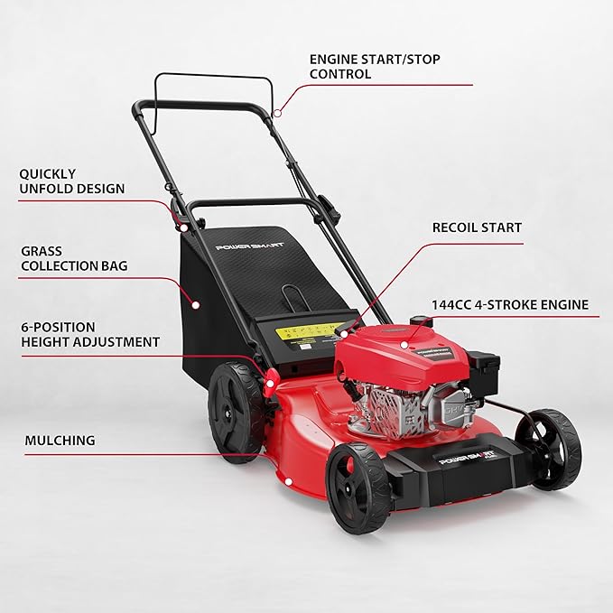 PowerSmart Gas Push Lawn Mower 21" with OHV 144cc Engine, 2-in-1 Mulching and Side Discharge,6 Height Adjustments Easy Assembly & Lightweight, Cordless Push Lawn Mowers for Garden Yard