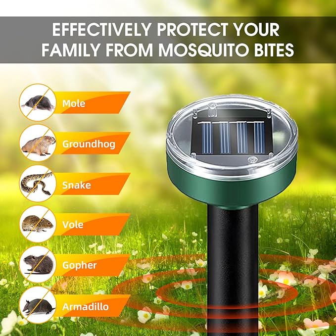 8 Pack Mole Repellent Solar Powered, Snake Repellent Outdoor for Yard, Ultrasonic Deterrent Stakes for Mole, Vole, Gopher, Groundhog, Chipmunk, Waterproof Armadillo Repeller for Lawns Garden