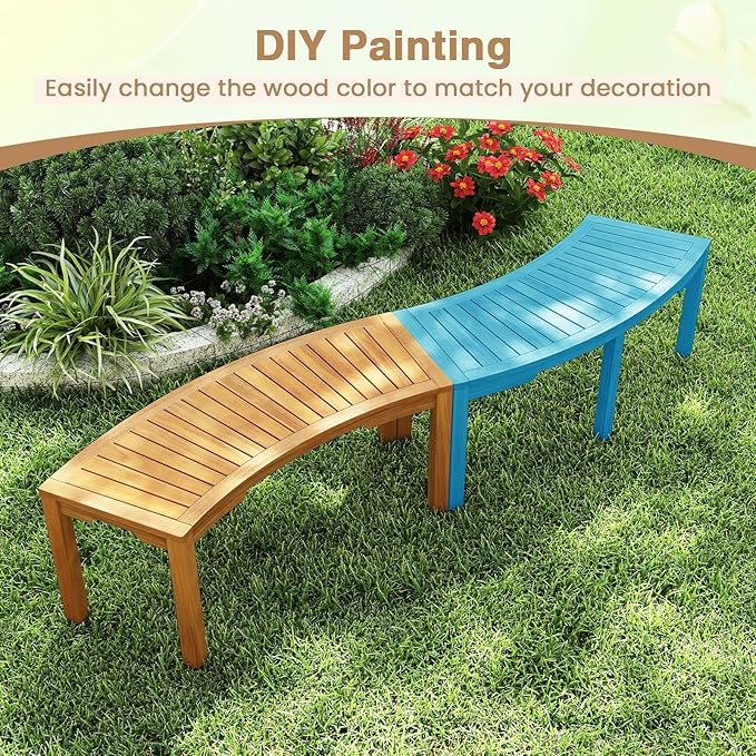 RELAX4LIFE Wooden Outdoor Curved Bench - Acacia Wood Garden Bench w/Slatted Seat, 2-Person Outside Backless Seating for Porch Backyard Deck Park, 800 LBS Load Capacity, Patio Fire Pit Bench (4, 45'')