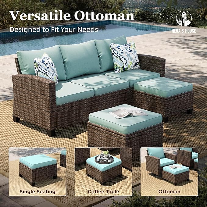 HERA'S HOUSE Wicker Patio Furniture Set with Fire Pit, 8 Pieces Outdoor Sectional Conversation Sets, Deep Seating Sofa for Lawn Deck Garden, Blue