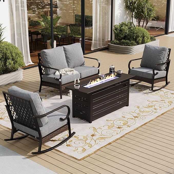 SUNSHINE VALLEY 4 Piece Metal Outdoor Patio Furniture Sets with Firepit Table, Patio Conversation Sets 1 2-Seater Sofa, 2 Rocking Sofa with 5.75" Cushion Black Backyard Furniture for Deck, Gray