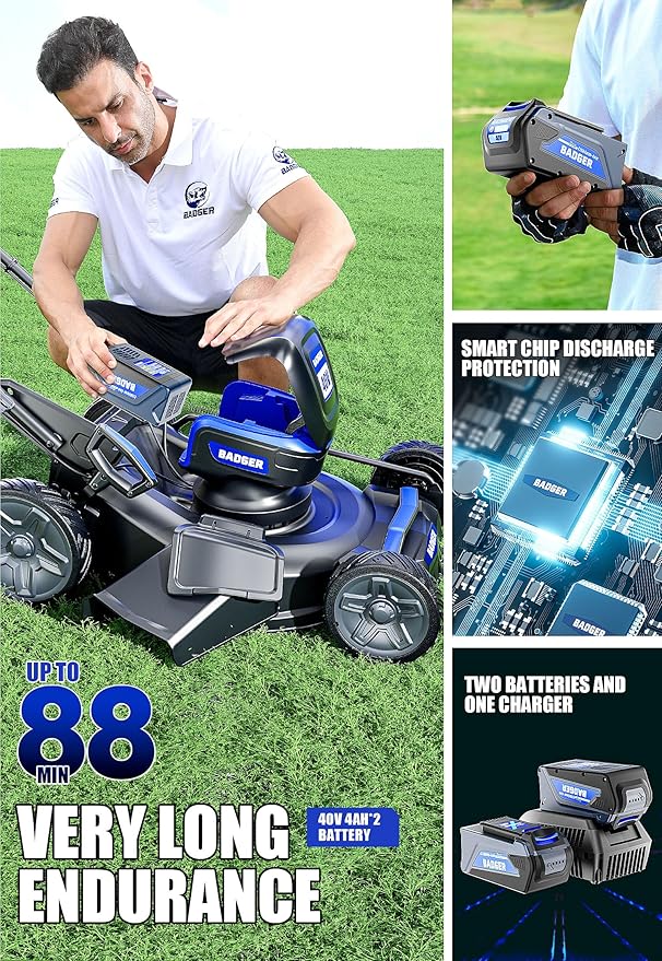 Wild Badger Power 40V 21″ Cordless Lawn Mower Brushless, 6,458 sq ft/0.148 ac, 2×4.0Ah Batteries & Fast Charger, 7-Position Heights,for Medium-to-Large Lawns