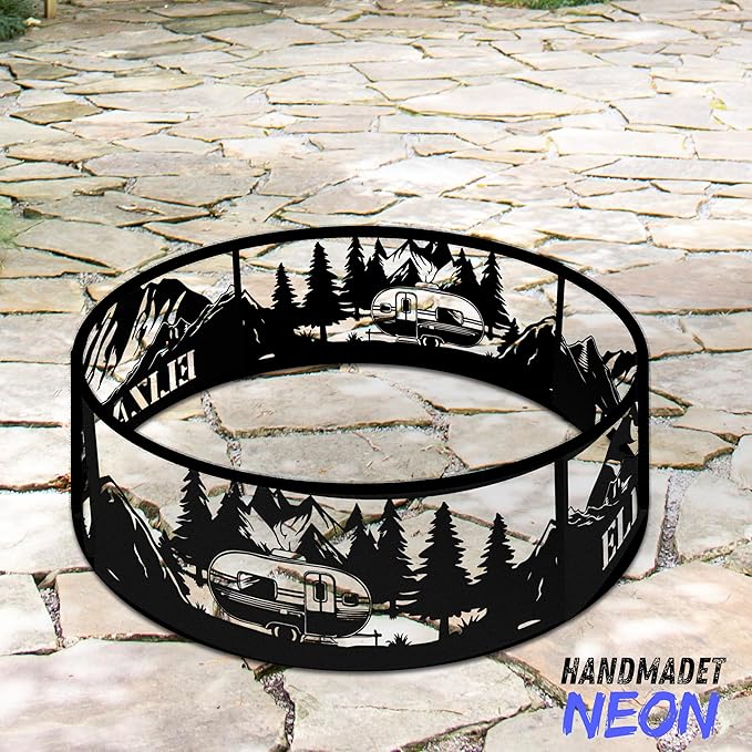Personalized Fire Pit Ring Mountain Camper Weather Proof Custom Name 360 Degree Campfire Ring Stove Outdoor BBQs Backyard Camping Garden Decor Gifts Father Hiker Nature Lover