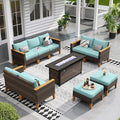 Sophia & William Patio Furniture Set with 56" Fire Pit Table, 10PCS Outdoor Wicker Sectional Conversation Set with 3-Seater Sofa, 2-Seater Couch, 2 Ottoman & FirePit Table(Aqua Blue)