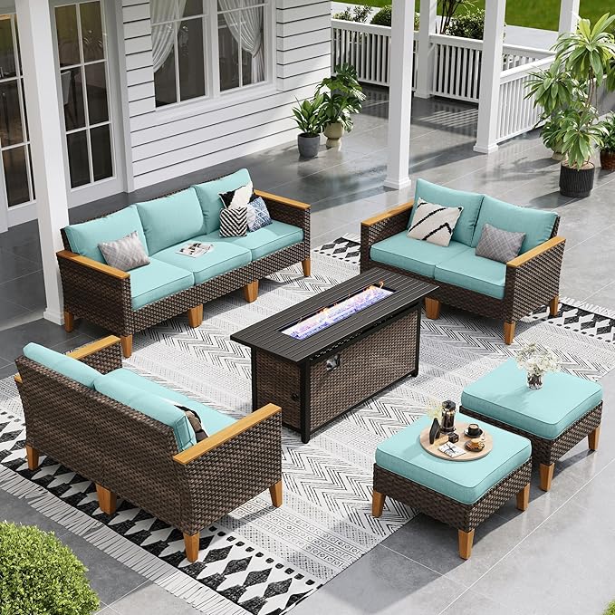 Sophia & William Patio Furniture Set with 56" Fire Pit Table, 10PCS Outdoor Wicker Sectional Conversation Set with 3-Seater Sofa, 2-Seater Couch, 2 Ottoman & FirePit Table(Aqua Blue)