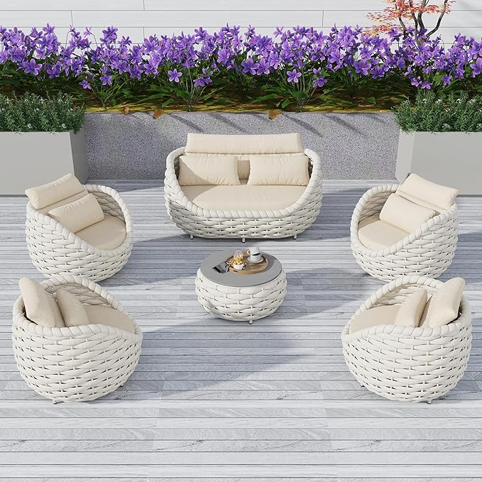 TWT 6-Piece Aluminum Patio Furniture Set, Olefin Rope Modern Outdoor Conversation Set Sectional Sofa with Water Repellent Thick Cushions and Coffee Table for Balcony, Garden, Beige