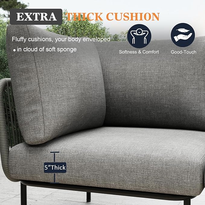 7 Piece Modern Outdoor Rope Wicker Sectional Patio L-Shaped Conversation Sofa Set Deep Seating with Thick Cushions