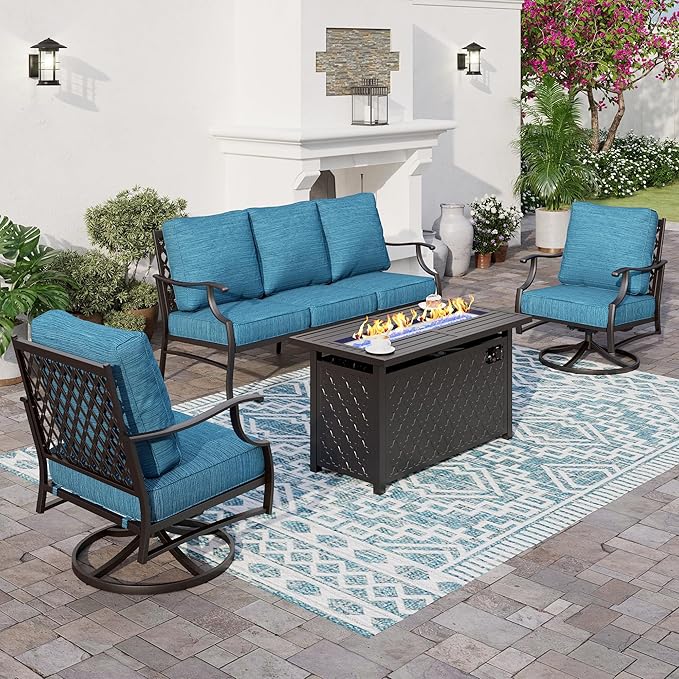 SUNSHINE VALLEY 4 Piece Metal Outdoor Patio Furniture Sets with 5000 BTU Firepit Table, Patio Conversation Sets 3-seater Sofa, 2 Swivel Chair with 5.75" Thick Cushion, Black Backyard Furniture, Blue-2