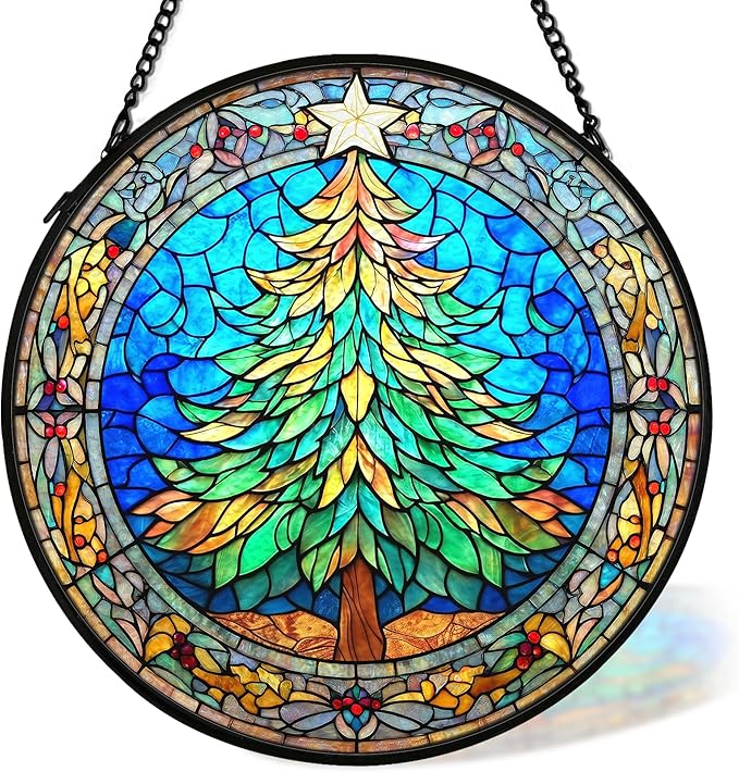 cvjutf Christmas Tree Suncatcher Stained Glass Window Hanging Decor, Winter Xmas Tree Stained Glass Wall Decor, Christmas Garden Sun Catchers Indoor Window Hanging Wall Art Lawn, 7.9x7.9 Inch