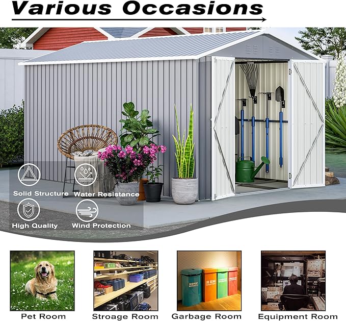 8x12 FT Metal Outdoor Storage Shed with Adjustable Side Door & Lockable Double Doors, Aluminum Frame, Weatherproof Tool Shed with Floor Frame for Garden, Backyard & Equipment Storage