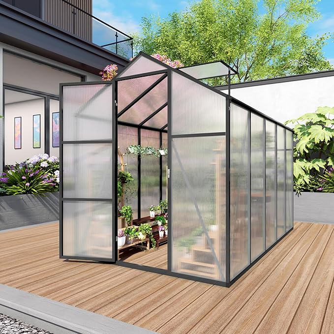 KEIKI 6x10 FT Polycarbonate Greenhouse for Outdoors, Heavy-Duty Walk-in Aluminum Greenhouse with Anchor Base, Light-Transmitting Panels & Drainage System, Black