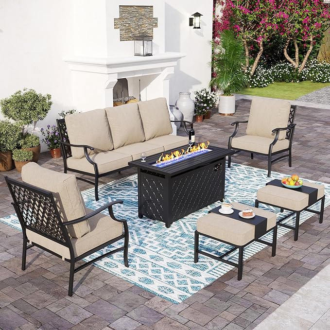 SUNSHINE VALLEY Patio Furniture Set with Firepit Table, Metal Outdoor Patio Furniture, 2 Single Chairs, 3 Seater Sofa, 2 Ottomans with 5.75" Extra Thick Cushion and Gas Firepit Table for Backyard Deck