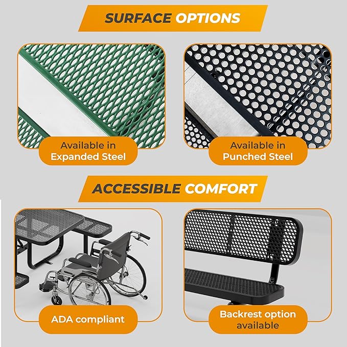 Metal Picnic Furniture for Outdoors with Umbrella Hole - Coated Steel Heavy Duty Commercial Grade Table with Adjustable Seats, Patio Set for a Lifetime (Red, 8' Rectangular)