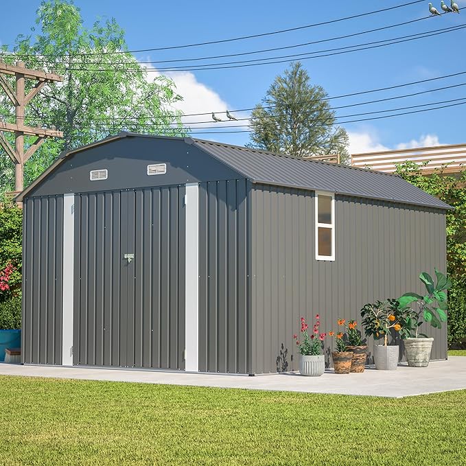 Outdoor Storage Shed, 10 X 12 FT Large Metal Utility Tool Sheds with Floor Frame & Windows, Steel Garden Shed with Updated Frame Structure for Backyard Patio Lawn, Grey