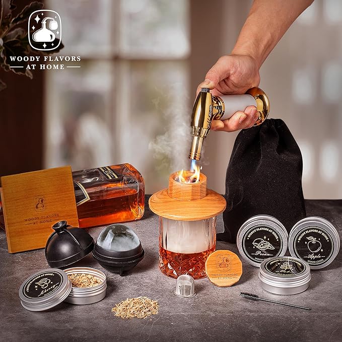 Woody Flavors At Home Old Fashioned Cocktail Smoker Kit for Whiskey, Bourbon, and Drinks with Cherry Smoker, Natural Wood Chip Flavors, Culinary Torch, Ice Cube Spheres, 2 Coasters, 2 Glasses