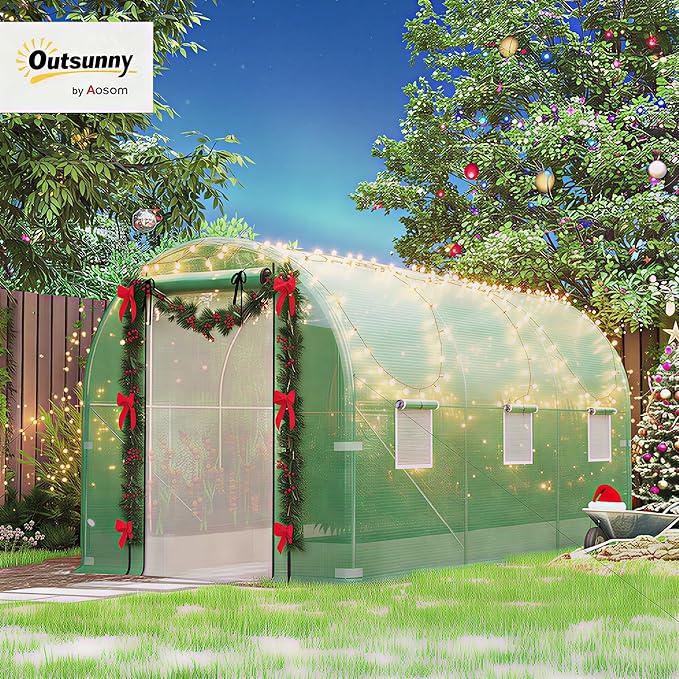 Outsunny 14.6'x6.5'x6.6' Hoop House Greenhouse with 2 Support Rods, Zippered Roll-up Mesh Door, Mesh Windows, Walk-in Tunnel Greenhouse with PE Cover, Galvanized Steel Frame, Outdoor Garden, Green