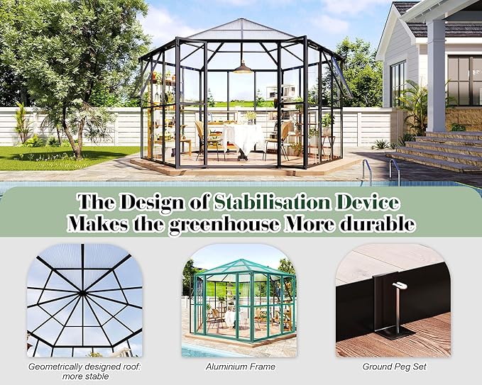 Jocisland 12x10x8 FT Hexagonal Greenhouse, Quick-Connect Aluminum Frame, Dual Roof Vents & Double Doors, Walk-in Garden/Backyard Greenhouse with Gutters, Black