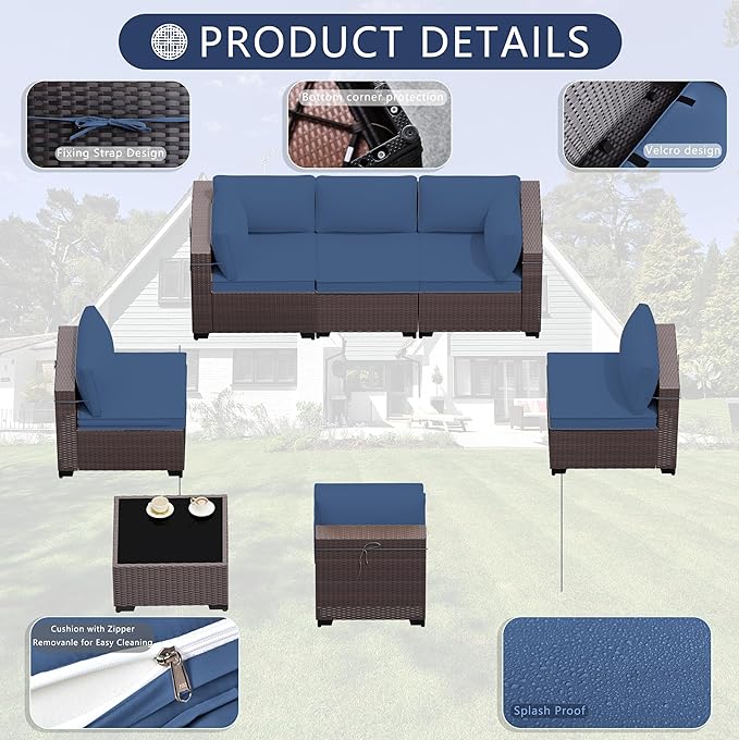 Outdoor Patio Furniture Set, 7 Pieces Outdoor Sectional Furniture Patio Sofa, All-Weather PE Rattan Patio Conversation Set with Tempered Glass Top Table & Cushions(Navy Blue).