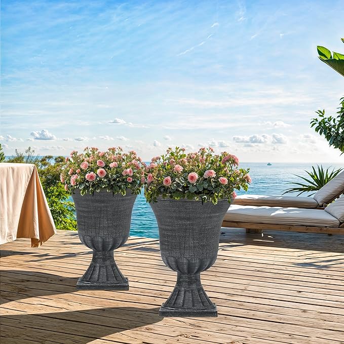 22" Urn Planters Outdoor Planter for Plants Set of 2 Timeless Plastic Large Flower Pot with Drainage Hole Handmade Washed Black Finish Garden Pots for Porch, Patio Christmas Decor