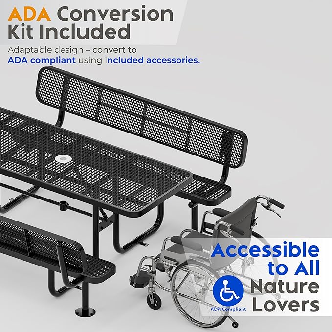 Commercial Heavy-Duty Metal Picnic Table with Backrest - ADA Compliant, Adjustable Seats, Umbrella Hole, Expanded Metal (Black, 6' Rectangular with Back)