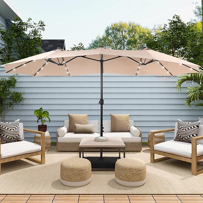Sophia & William 15 ft Extra Large Patio Umbrella with Solar Lights, Rectangular Outdoor Umbrella with Base Included, Market Umbrella Double-sided Heavy Duty for Pool Garden Backyard, Beige