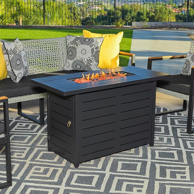 Mazatzal 42 Inch Propane Fire Pit Table, 60,000 BTU Outdoor Tabletop Fire Pit with Lid, Weather Cover, Lava Rock, Rectangular Steel Gas Fire Pit for Outside, Patio, Backyard, CSA-Certified, Black