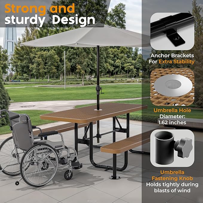 Commercial Heavy-Duty Metal Picnic Table - ADA Compliant, Adjustable Seats, Umbrella Hole, Expanded Metal (Brown, 6' Rectangular)
