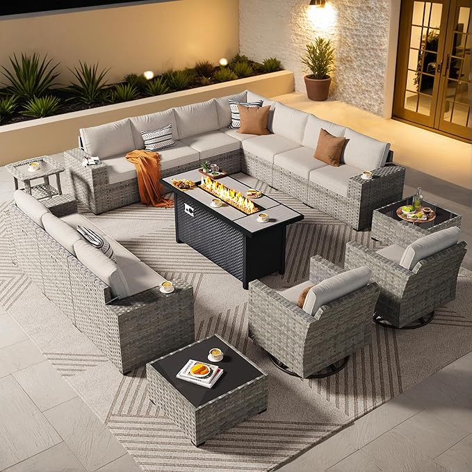 ovios 16 Pieces Patio Furniture Set, Outdoor Wicker Sectional Sofa with 54" Fire Pit Table Swivel Chairs, Modern Modular Deep Seat Rattan Couch Conversation Sets, Beige