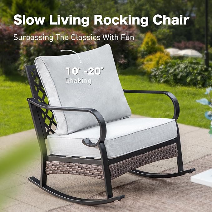 SUNSHINE VALLEY 4 PCS Metal Outdoor Patio Furniture Set, Patio Conversation Sets 1 3-Seater Sofa, 2 Rocking Chairs with 5.75" Extra Thick Cushion & Coffee Table, Black Backyard Furniture, Light Gray