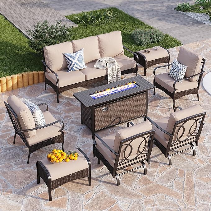 Patio Furniture Set with 56" Fire Pit Table, Premium Outdoor Wicker Metal Frame Furniture with Upgraded Waterproof Thick Cushions for Porch, Poolside, Deck, and Yard （7 Pieces,Beige）