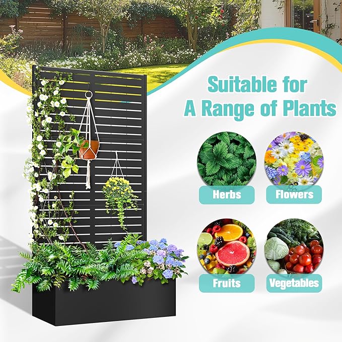71"x35"x16" Metal Planter Box with Trellis Raised Garden Bed, Trellis with Planter Box & Privacy Screen, Outdoor Raised Garden Bed for Climbing Plants, Vegetable, Vines (Black, Louvered)